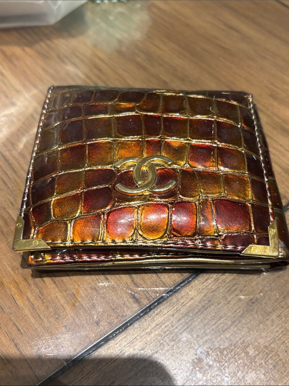 Rare CHANEL Brown Crocodile-Embossed Card Holder with Gold CC